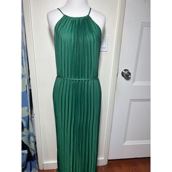Banana Republic Dress Gown Satin Emerald Green Medium Halter Pleated Holiday - Picture 3 of 5